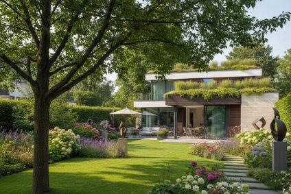 Gepflegter Garten Mit Großem Baum Vor Einem Wohnhaus in Nürnberg – Symbolbild Baumpflegepflicht.