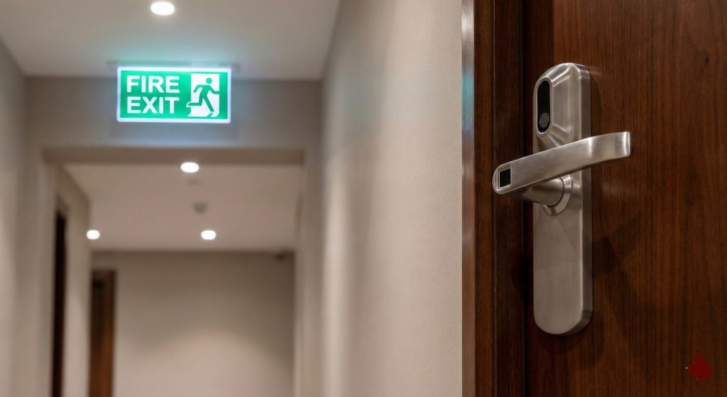 Modernes Panikschloss an Einer Hauseingangstür Für Sicherheit Und Brandschutz Im Mehrfamilienhaus.