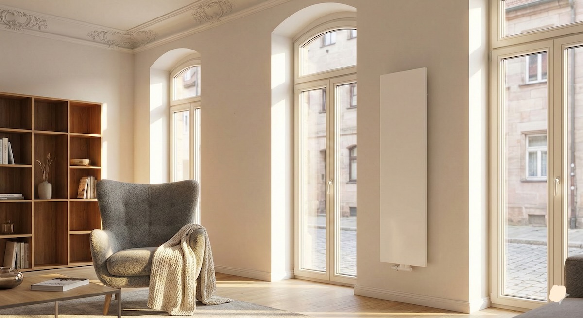 Hell eingerichtetes Wohnzimmer im Nürnberger Altbau mit freistehendem Heizkörper zur optimalen Wärmeverteilung.