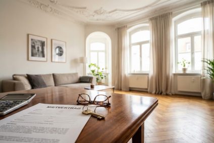 Mietvertrag mit Brille und Taschenrechner auf einem Tisch in einer Nürnberger Altbauwohnung – Symbolbild für Staffelmiete.