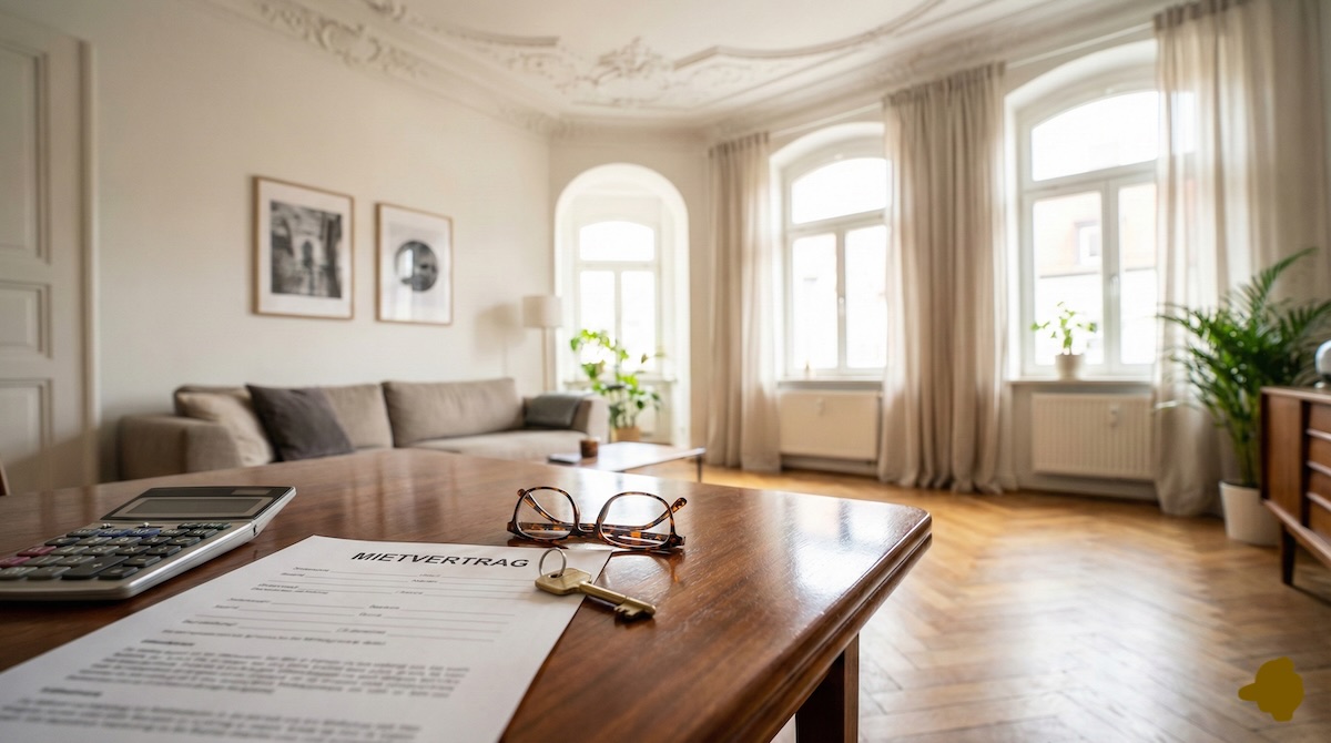 Mietvertrag mit Brille und Taschenrechner auf einem Tisch in einer Nürnberger Altbauwohnung – Symbolbild für Staffelmiete.