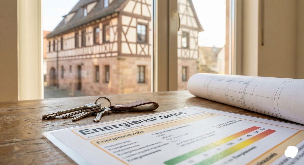 Energieausweis auf einem Tisch liegend, daneben Hausschlüssel, im Hintergrund unscharf ein Wohnhaus in Nürnberg.