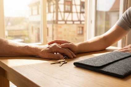 Hände verschiedener Generationen am Tisch mit Hausschlüsseln – Symbolbild für Erbengemeinschaft und Immobilienverkauf in Nürnberg bei Maderer Immobilien.
