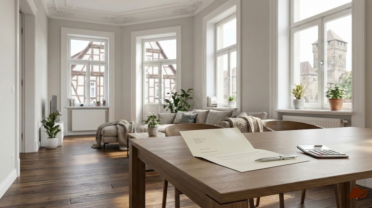 Heller Altbau in Nürnberg, Auf Dem Tisch Liegen Unterlagen Zur Mieterhöhung Und Ein Taschenrechner.