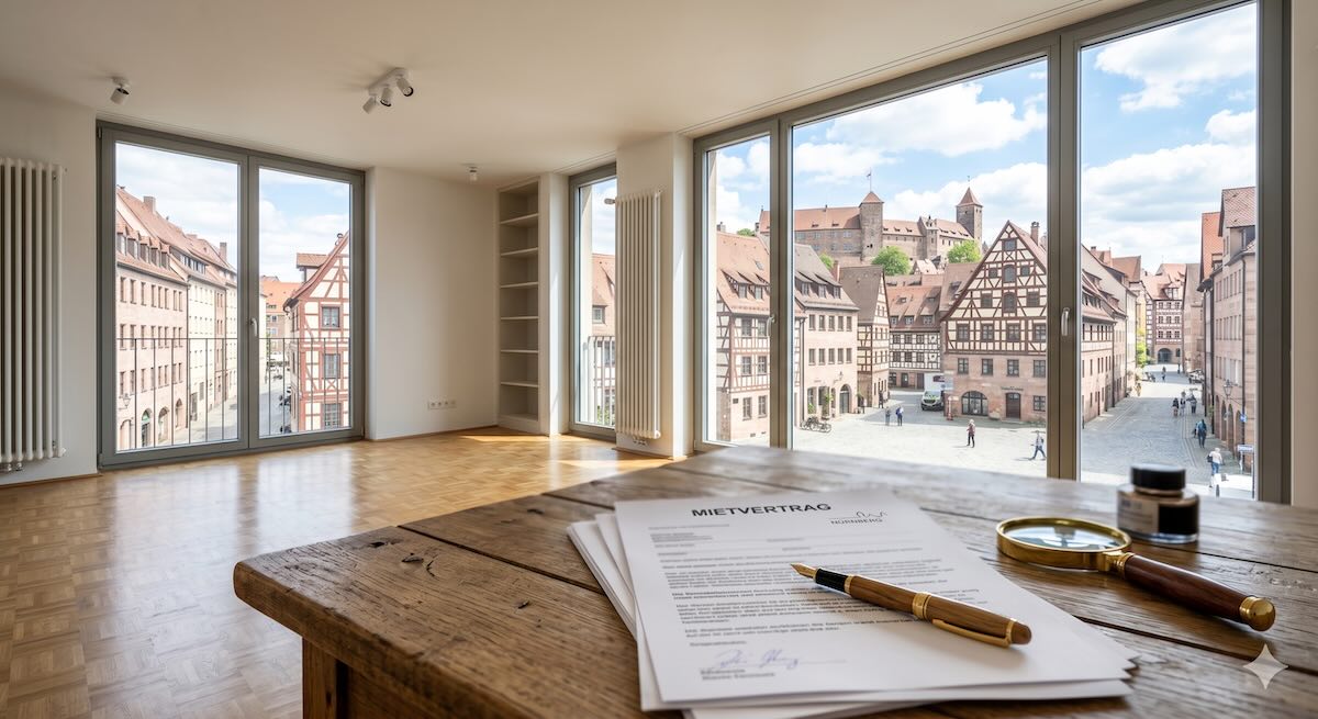 Helle, moderne Mietwohnung in Nürnberg mit Blick auf fränkische Altbaustruktur; im Vordergrund liegen Mietvertrag und Lupe auf einem Holztisch zum Thema Mietminderung bei Schimmelbefall.