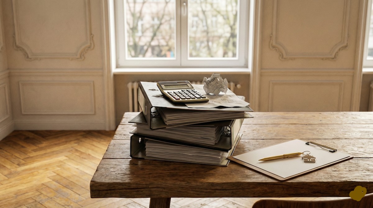 Stapel mit Aktenordnern und Schlüsseln auf einem Tisch, symbolisch für den bürokratischen Aufwand beim privaten Immobilienverkauf in Nürnberg.