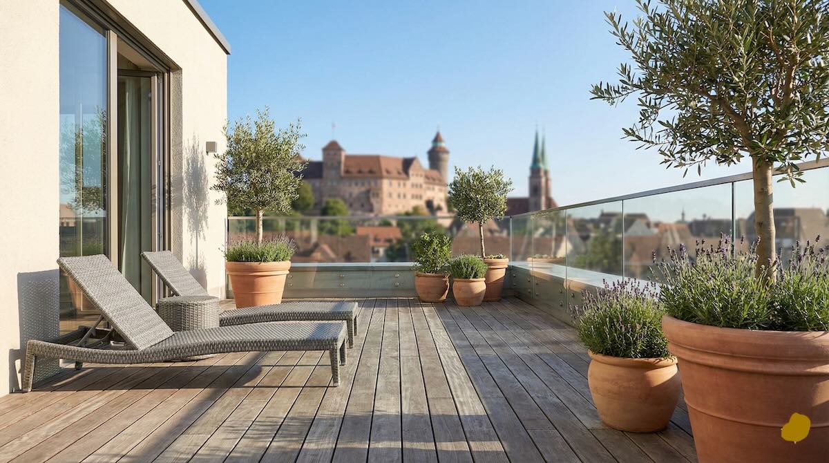 Moderner Balkon Einer Mietwohnung in Nürnberg Mit Blick Auf Die Stadt – Ratgeber Für Eigentümer Zum Thema Mietrecht.