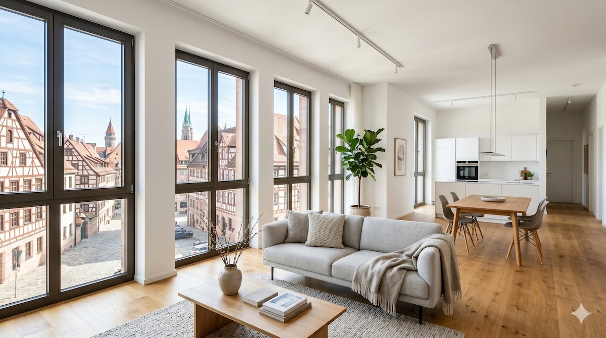 Bright open-plan living area with a gray sofa, wooden coffee table, and large windows overlooking a historic town.
