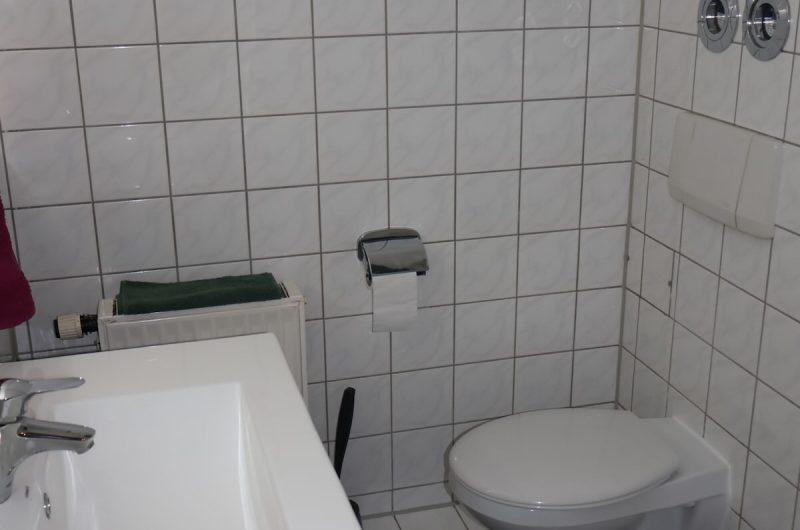 Gepflegtes, hell gefliestes Badezimmer mit modernem Waschbecken und WC.