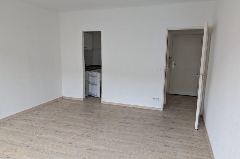 Blick durch das helle Zimmer auf Küche und Flur der 1-Zimmer-Wohnung.