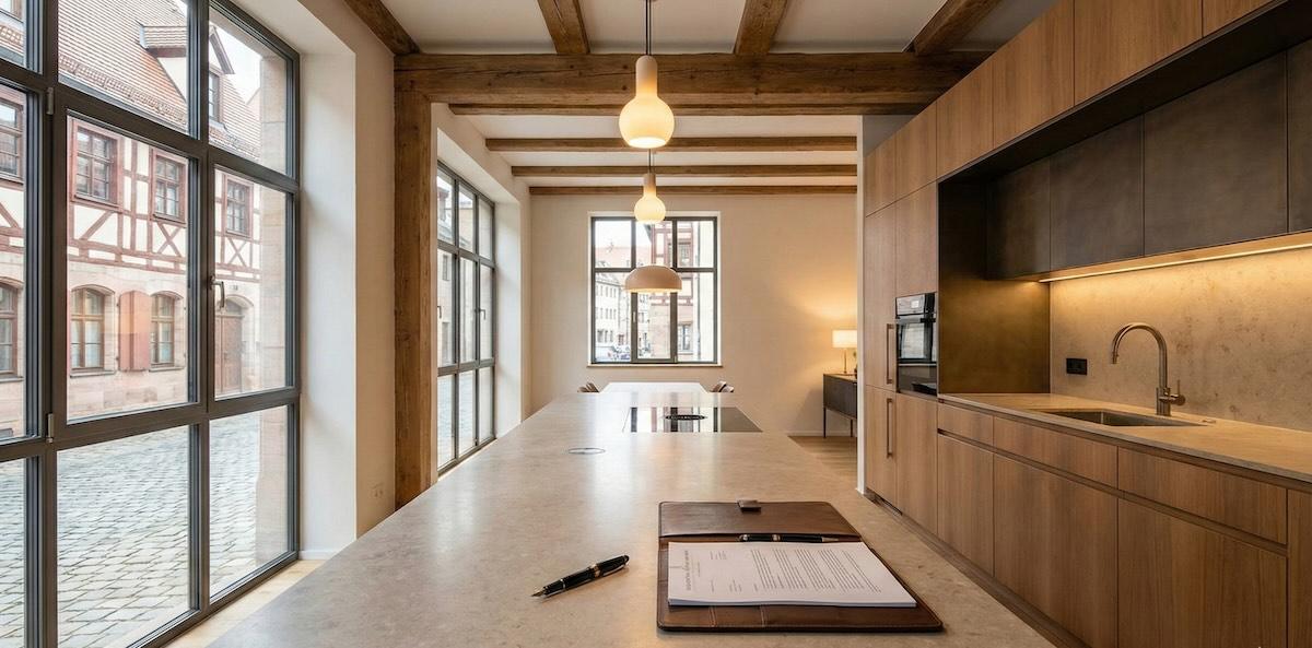 Hochwertige Einbauküche in Nürnberg mit einem Kaufvertrag auf der Arbeitsplatte zur rechtlichen Beratung.