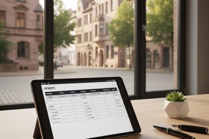 Ein Tablet mit Renditeberechnung vor einer Fensterfront mit Blick auf Nürnberger Wohngebäude.