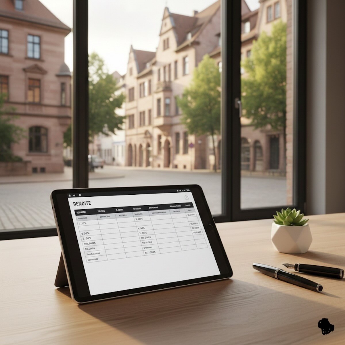 Ein Tablet mit Renditeberechnung vor einer Fensterfront mit Blick auf Nürnberger Wohngebäude.