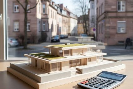 Finanzierungsplanung für Immobilien in Nürnberg mit Hausmodell und Taschenrechner.