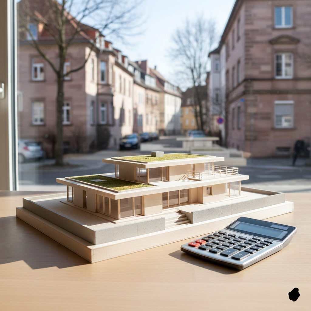 Finanzierungsplanung für Immobilien in Nürnberg mit Hausmodell und Taschenrechner.