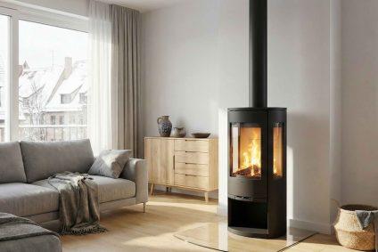 Moderner Kaminofen in Einem Hellen Nürnberger Wohnzimmer Mit Fokus Auf Brandschutz.