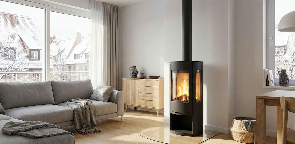 Moderner Kaminofen in einem hellen Nürnberger Wohnzimmer mit Fokus auf Brandschutz.