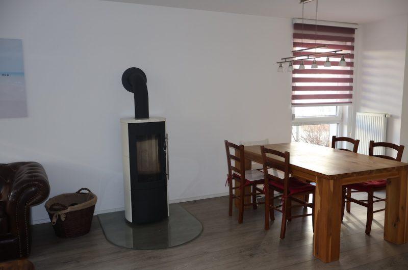 Detailansicht des im Jahr 2023 installierten Schwedenofens im Wohnzimmer eines Reihenendhauses.