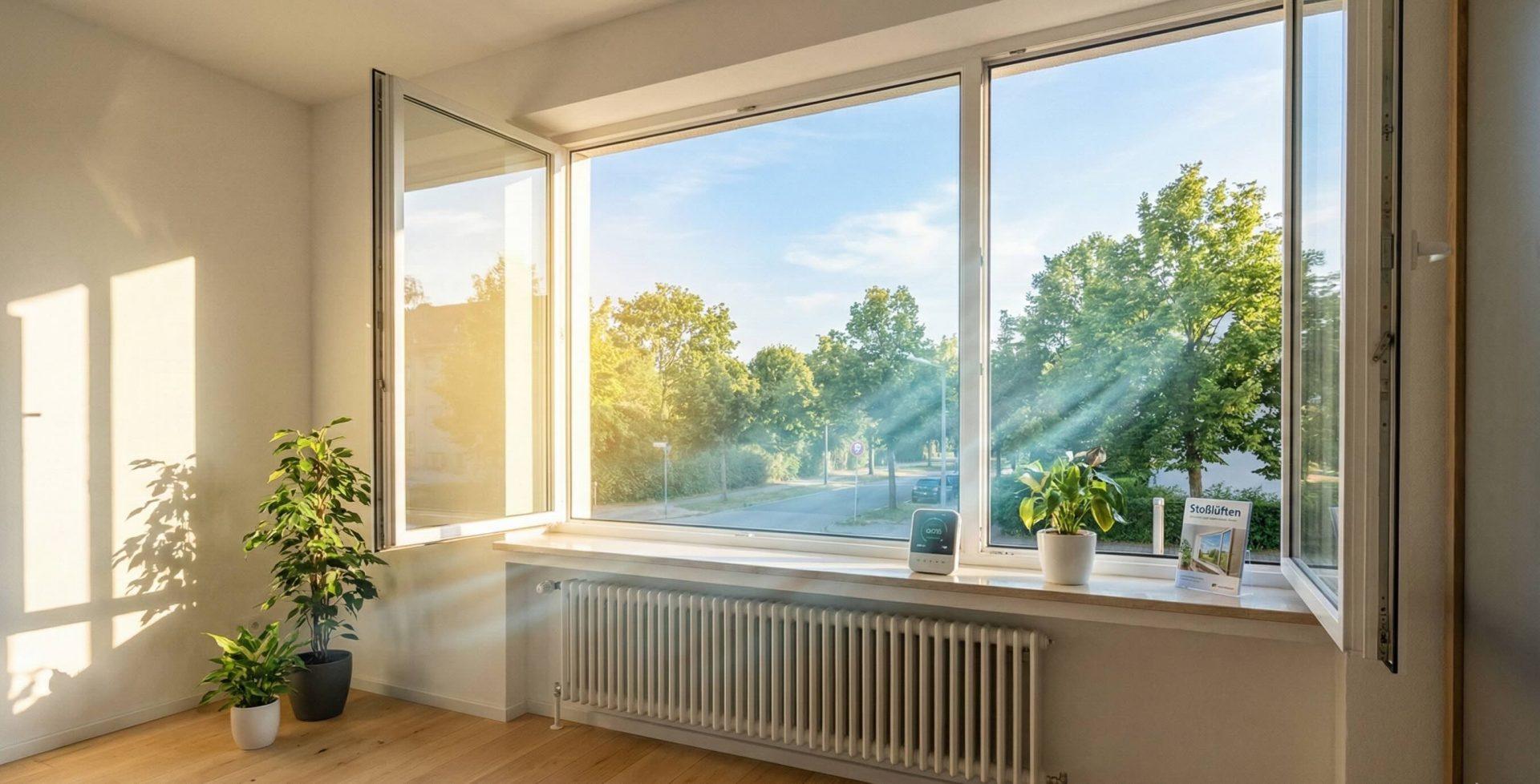 Weit geöffnetes Fenster zum Stoßlüften in einer hellen Wohnung, um Schimmelbildung und Feuchtigkeitsschäden zu vermeiden.