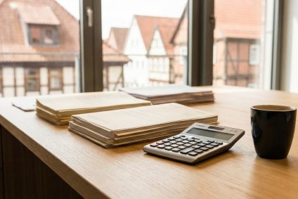 Vermieter prüft Dokumente für die Heizkostenabrechnung am Schreibtisch in Nürnberg.