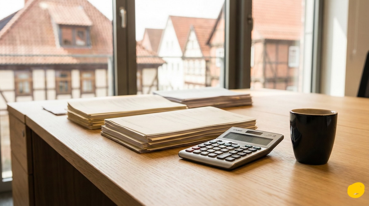 Vermieter prüft Dokumente für die Heizkostenabrechnung am Schreibtisch in Nürnberg.