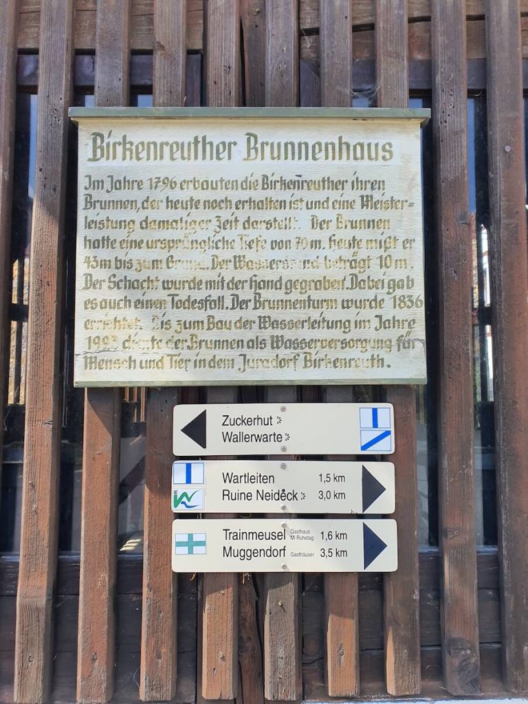 Wegweiser zur Ruine Neideck und Muggendorf in der Fränkischen Schweiz.