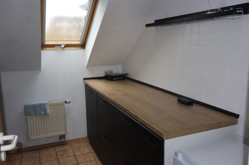 Küche mit viel Arbeitsfläche und hellem Dachfenster für natürliches Licht.