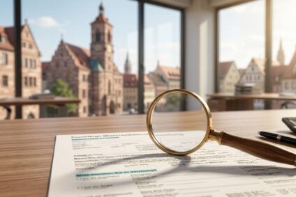 Ein Immobilienexperte Von Maderer Immobilien Prüft Eine Mieterselbstauskunft Mit Einer Lupe Am Schreibtisch in Nürnberg.