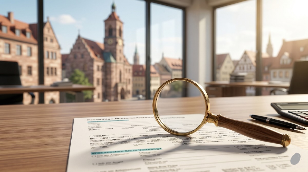 Ein Immobilienexperte von Maderer Immobilien prüft eine Mieterselbstauskunft mit einer Lupe am Schreibtisch in Nürnberg.