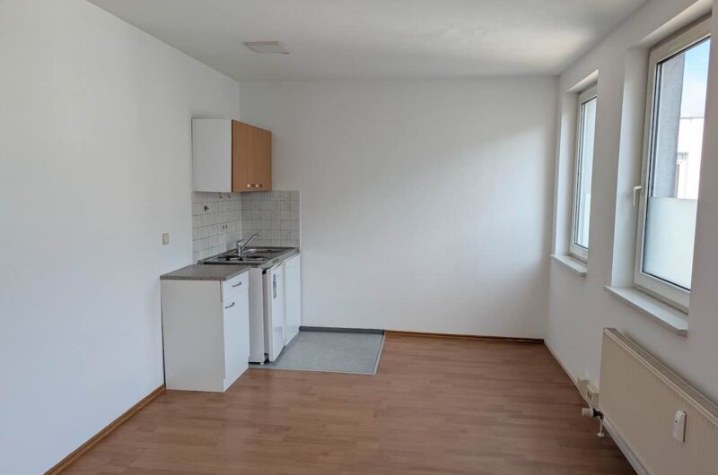 Wohnbereich mit integrierter Single-Einbauküche in einer Wohnung nahe der Nürnberger Uni.