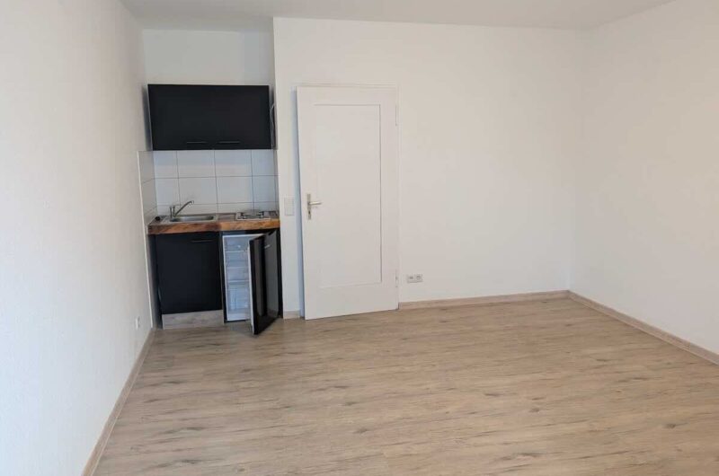 Geräumiges Wohn-Schlafzimmer mit Laminatboden und integrierter Singleküche (offener Kühlschrank) in Nürnberg.