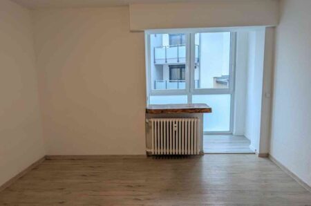 Wohnbereich mit Laminatboden und offenem Blick in den angrenzenden Wintergarten einer 1-Zimmer-Wohnung.