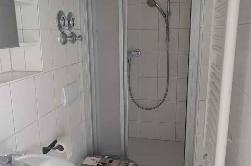 Small white-tiled bathroom featuring a corner shower with sliding doors, a handheld shower, and a sink with a toilet nearby and a magazine on the toilet lid