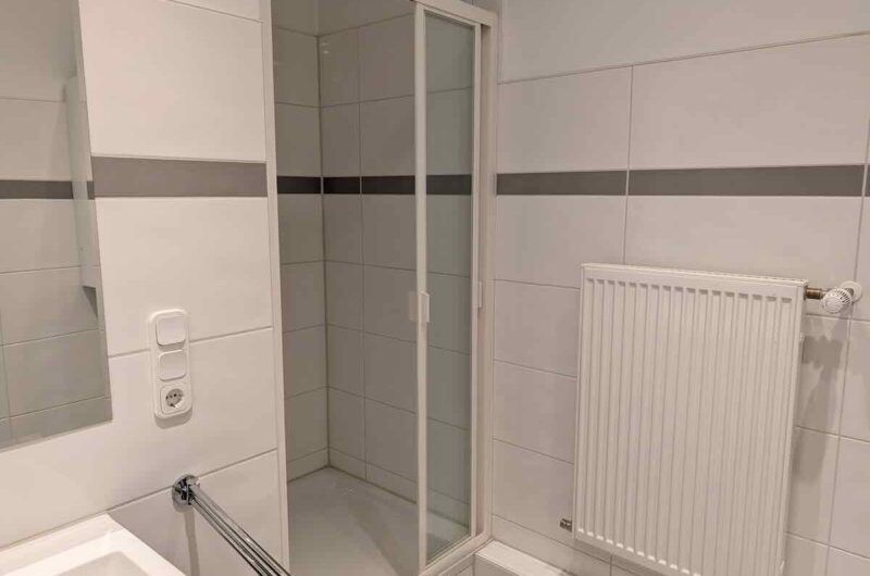 Gepflegtes Badezimmer mit großzügiger Duschkabine und Handtuchheizkörper in Nürnberg.