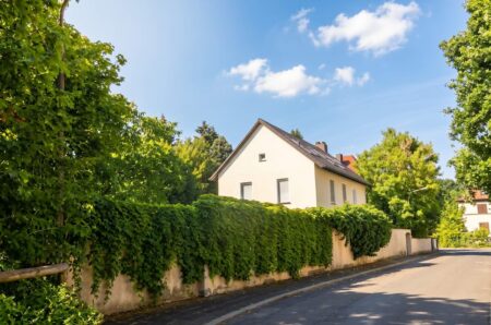 Straßenansicht des freistehenden Einfamilienhauses mit idyllisch eingewachsenem Grundstück in Nürnberg Gleißhammer – Maderer Immobilien