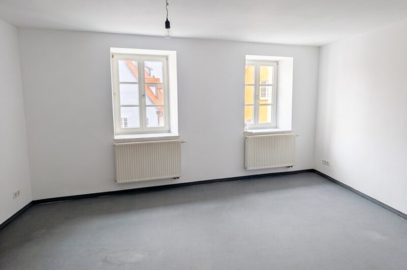 Lichtdurchflutetes Wohnzimmer mit grauem Teppichboden in der Denkmalwohnung in Schwabach für gemütliche Abende – Maderer Immobilien.